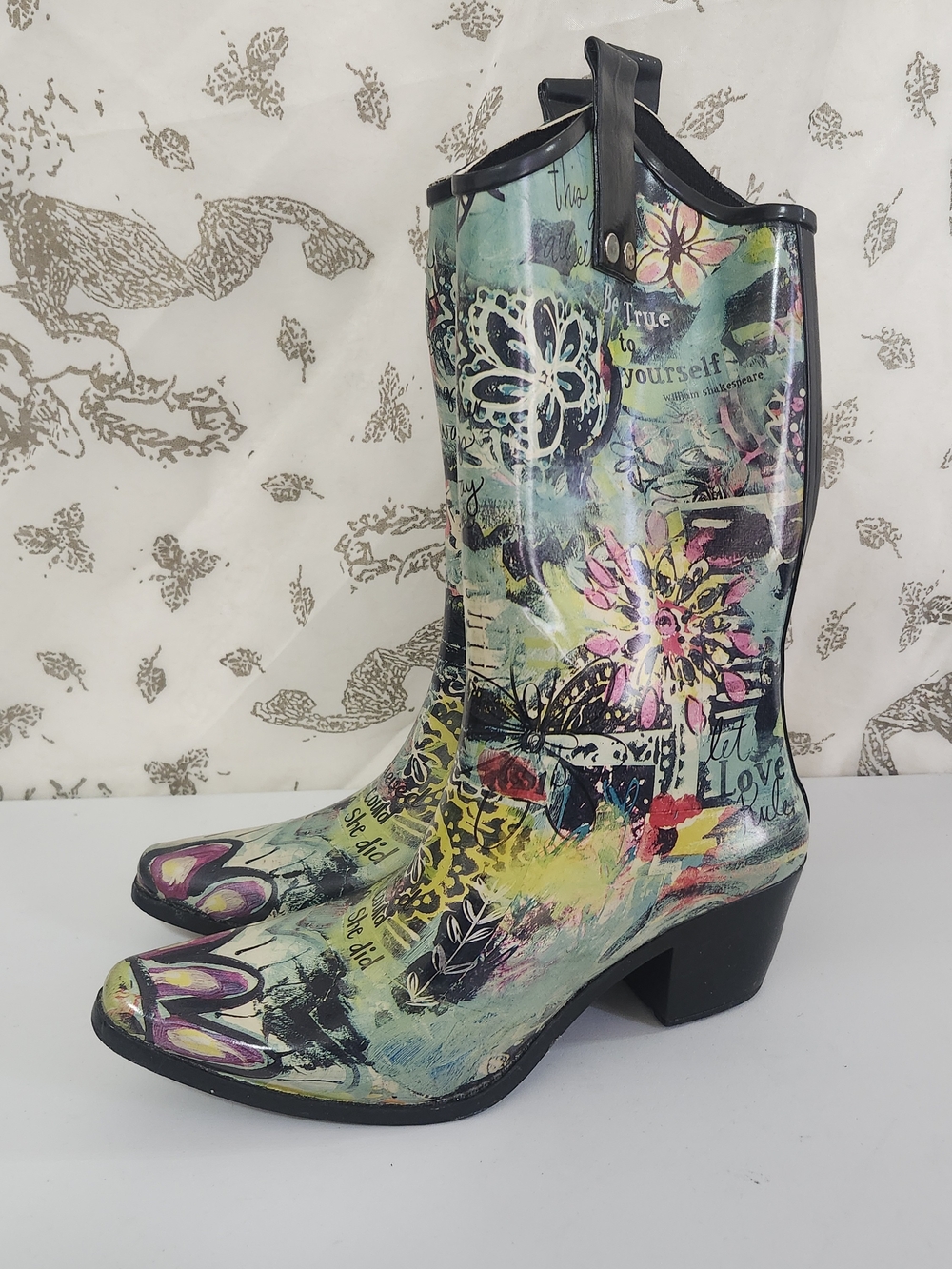 BOPS by Beehive Crain Western Rain Boots Whimsy Goth Artsy Collage Floral 6
